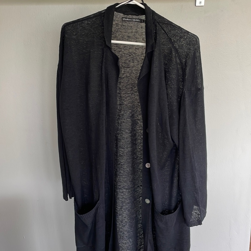 Gudrun Sjoden Black Organic Linen Lightweight Knit Full-Length Cardigan Size L